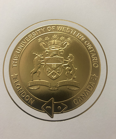 UWO diploma, Western University seal.